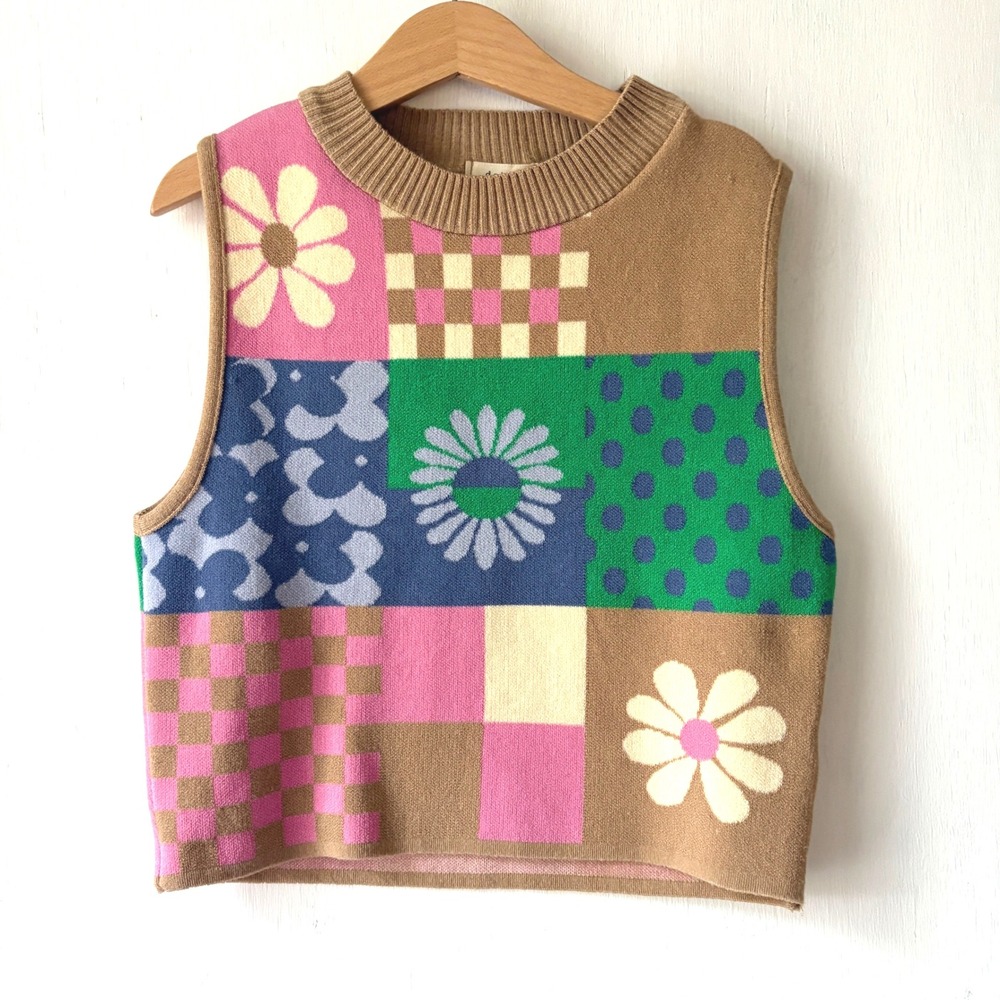 Debut Girls Patchwork Floral Check Polkadot Knit Sweater Vest S/M Cottage Boho